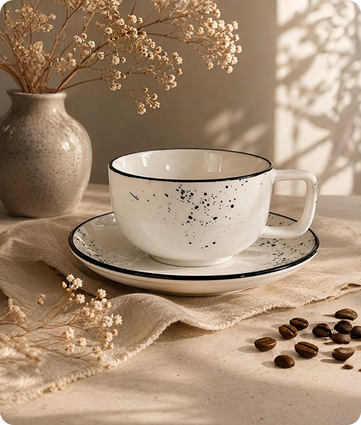 White speckled ceramic tea cup